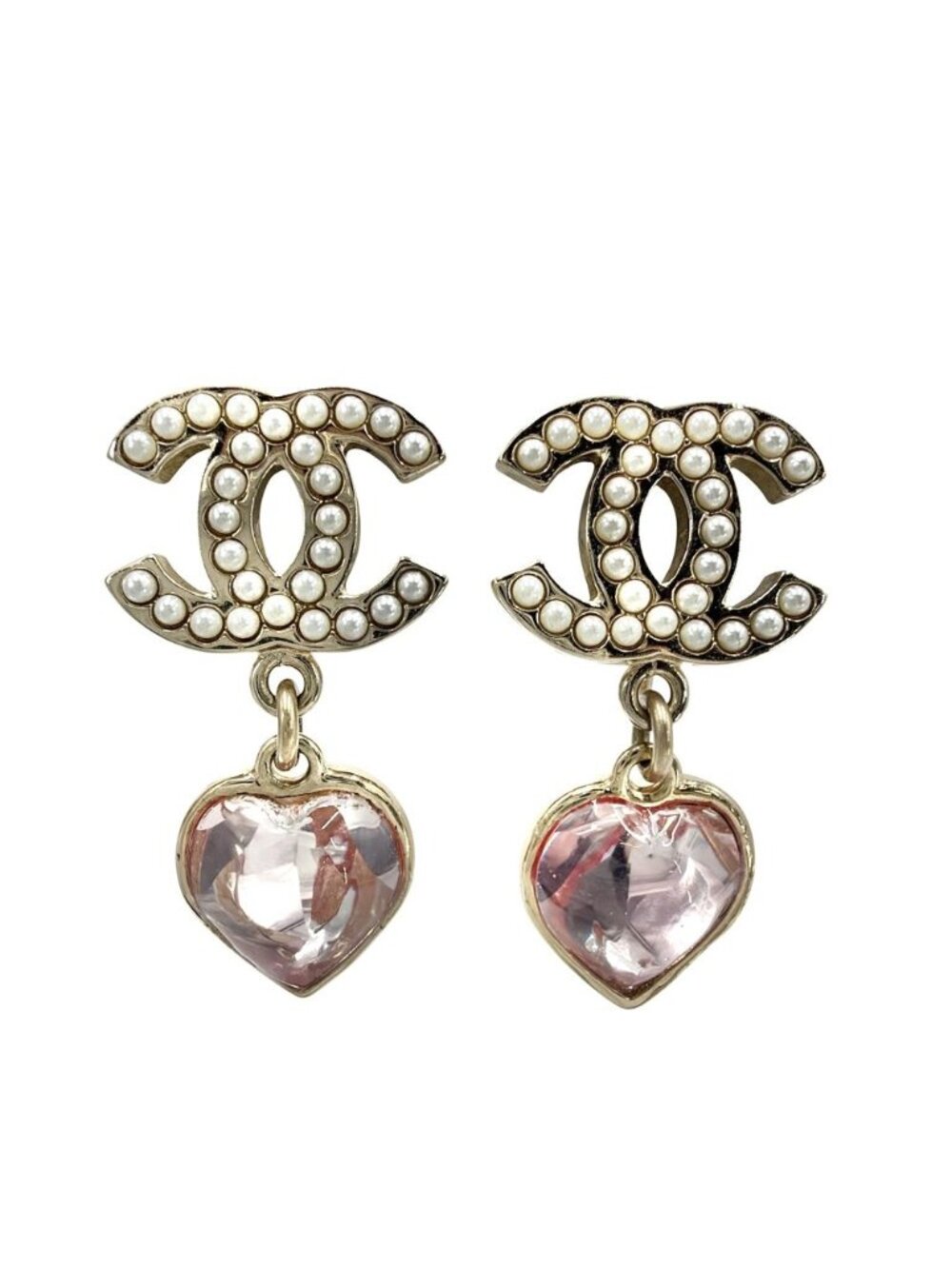 Chanel Earrings Heart CC Logo Rhinestone Swing Faux Pearl